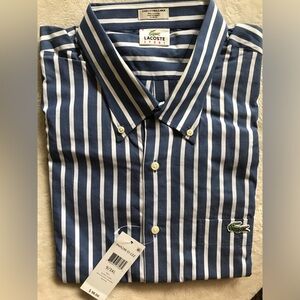 Lacoste Men's Navy and White Striped Button-Down Shirt